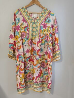 Johnny Was Jade Vesna Silk Blend Tunic Dress L | 70s Psychedelic Floral